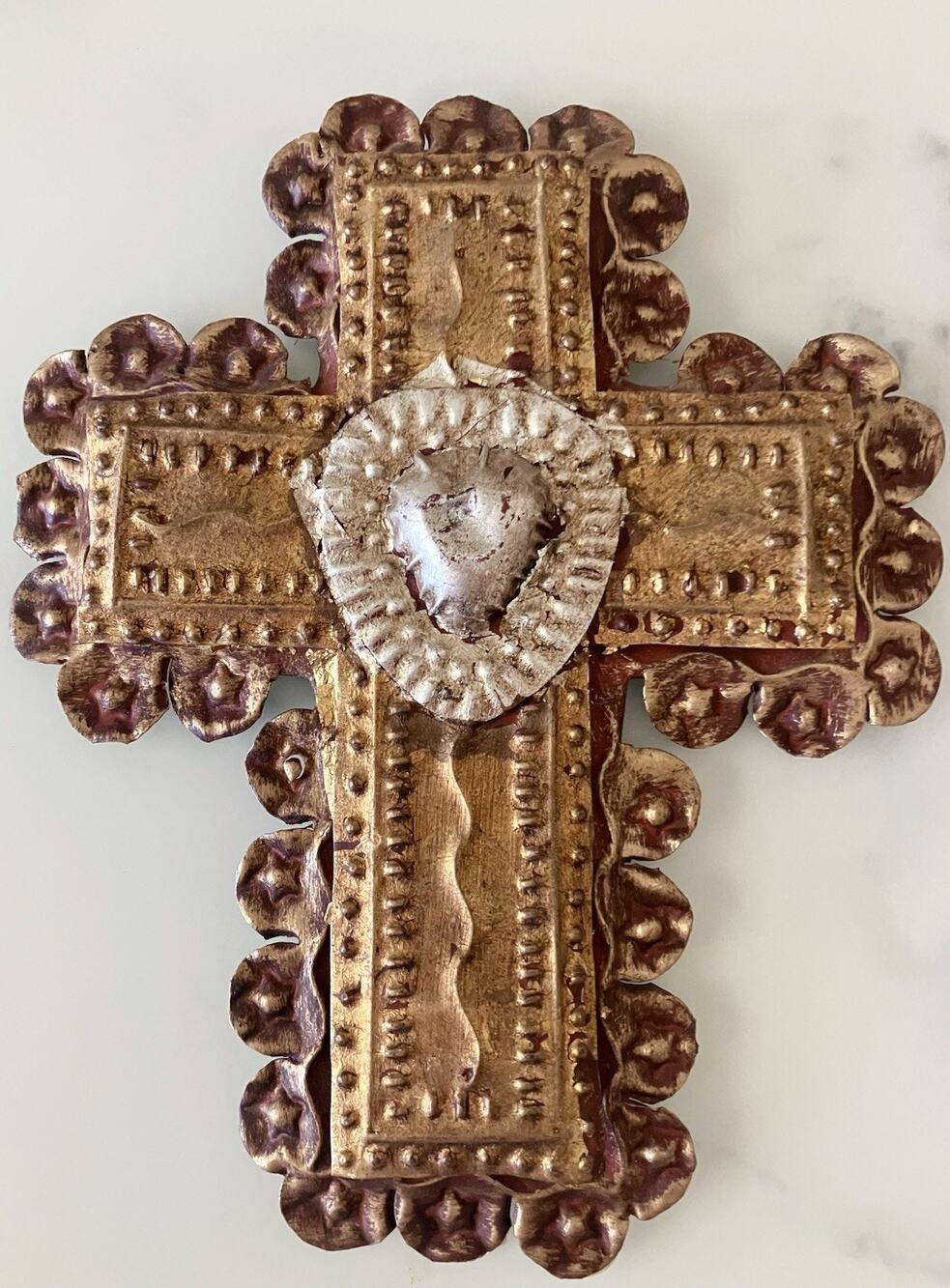 Vintage Mexican Sacred Heart Crucifix Punched Tin Metal Folk Artisan Wall Cross